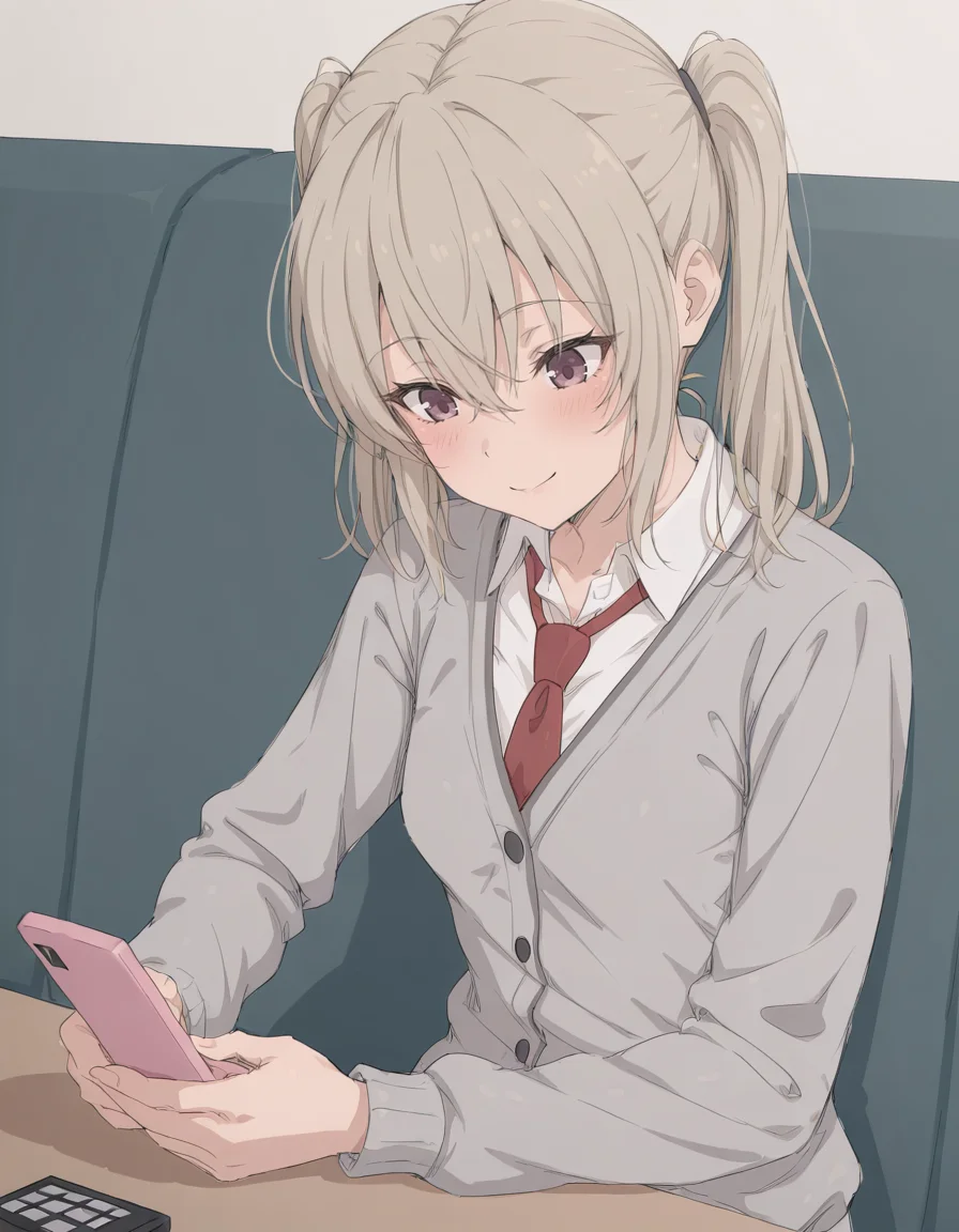 <lora:mdf-illustrious-000020:0.75> gy44ru, small breasts, grey cardigan, white shirt, red necktie,
1girl, solo, sitting, looking at phone, flip phone, smile, upper body