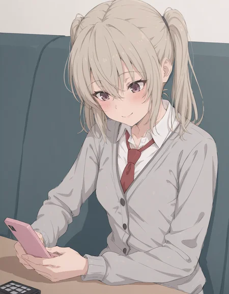 <lora:mdf-illustrious-000020:0.75> gy44ru, small breasts, grey cardigan, white shirt, red necktie,
1girl, solo, sitting, looking at phone, flip phone, smile, upper body