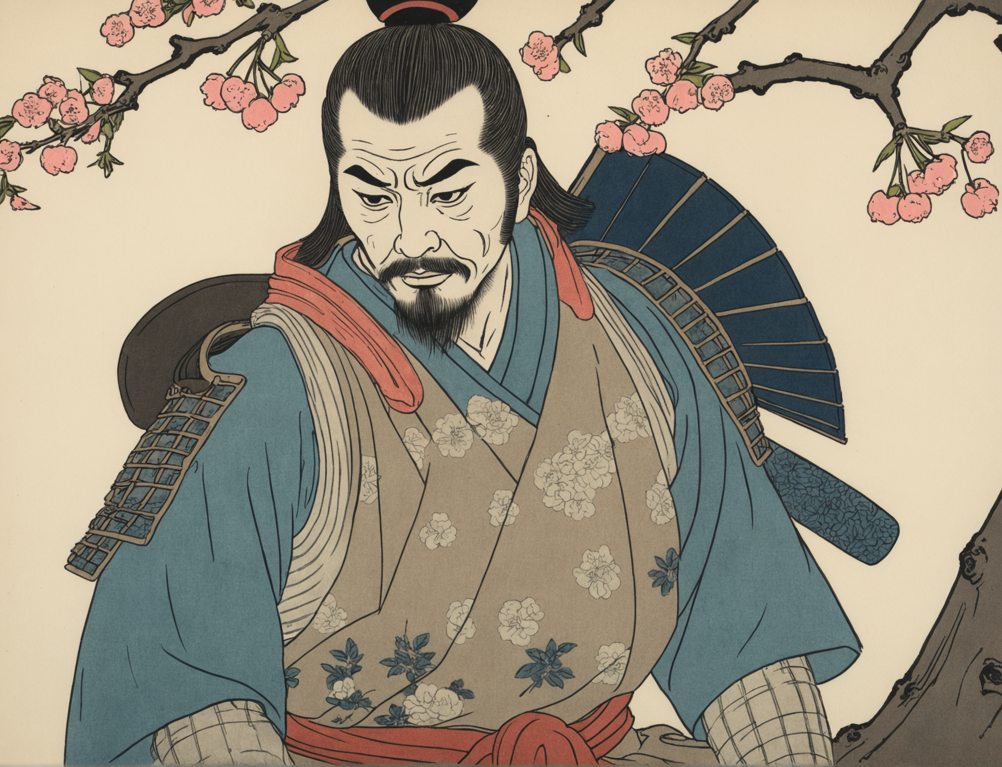a bad drawing of a samurai under a cherry tree, ukiyo-e, closeup