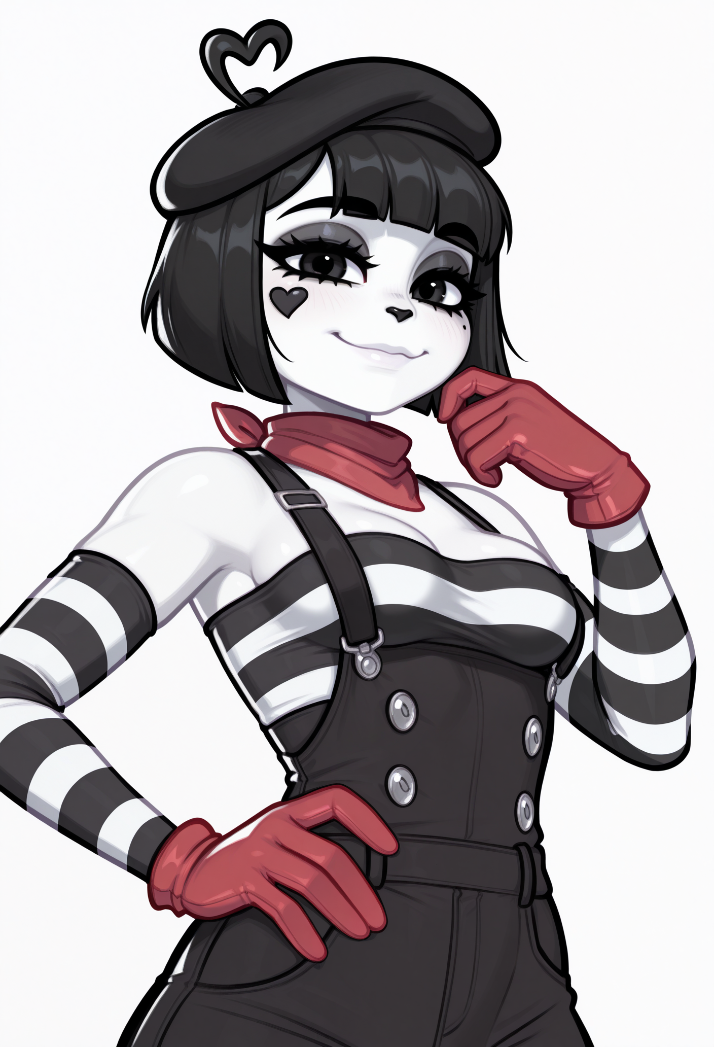 1girl, solo, hand on own hip, white background, smile, looking at viewer, 
white skin, short hair, black hair, bob cut, blunt bangs, black eyes, heart ahoge, black headwear, beret, 
detached sleeves, red gloves, striped clothes, red bandana, bare shoulders, striped shirt, black overalls, striped sleeves, 
masterpiece, best quality, <lora:bonbon_(derpixon)-guy90-Illust-LoraV104:1>, nobnob, <lora:Blushyspicy-guy90-IllustriousV101:1>, yciblu