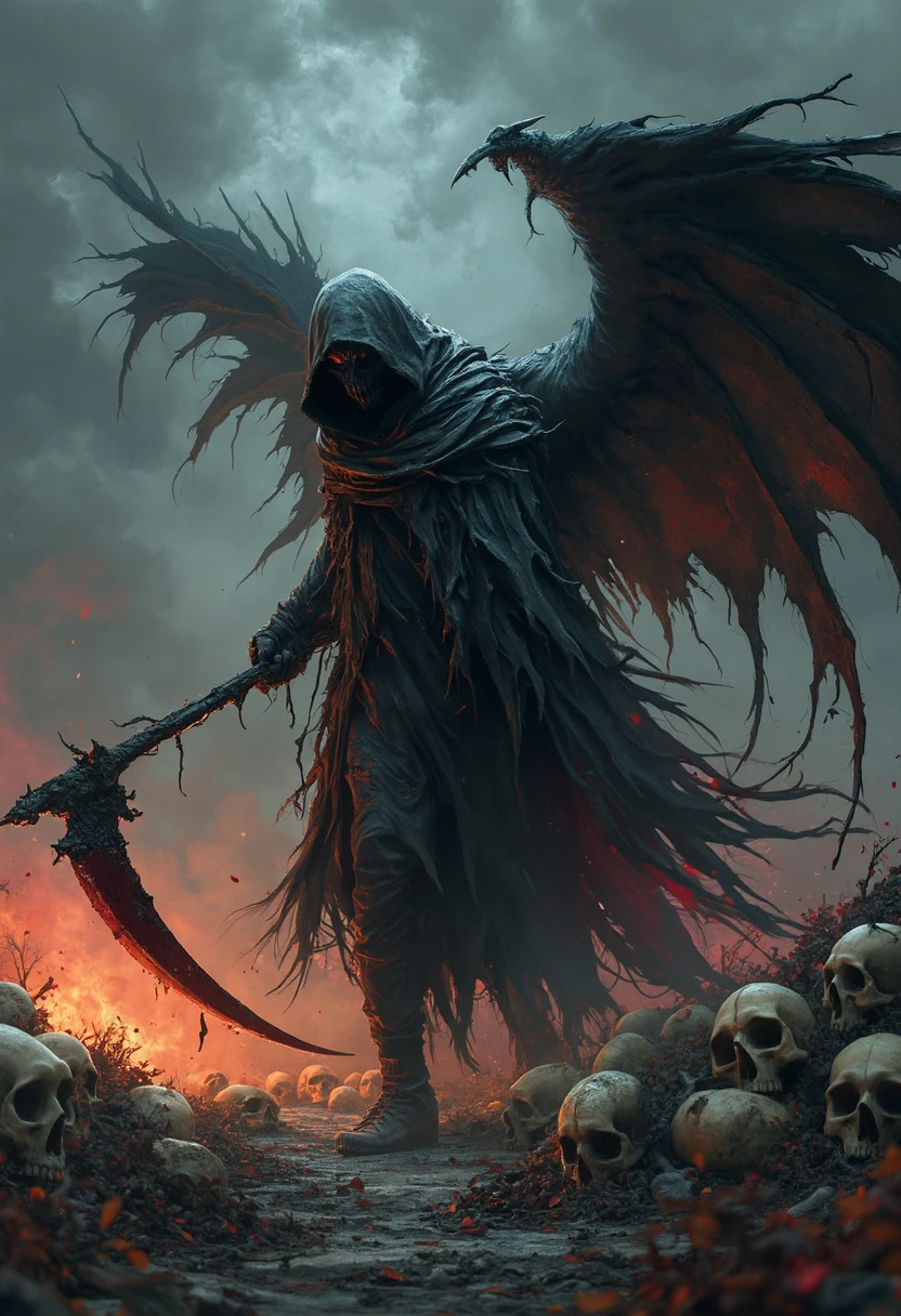 sinister, shadowy figure of Death, draped in a flowing, tattered cloak billowing in the wind, with a hood obscuring its face; holding a menacing big scythe, walking among pile of skulls, large decaying black wings spread wide against a stormy, twilight sky filled with swirling clouds, the ground littered with bones and debris, dark grays, blacks, and browns dominate, accented by fiery orange and red, enhancing the eerie, macabre atmosphere