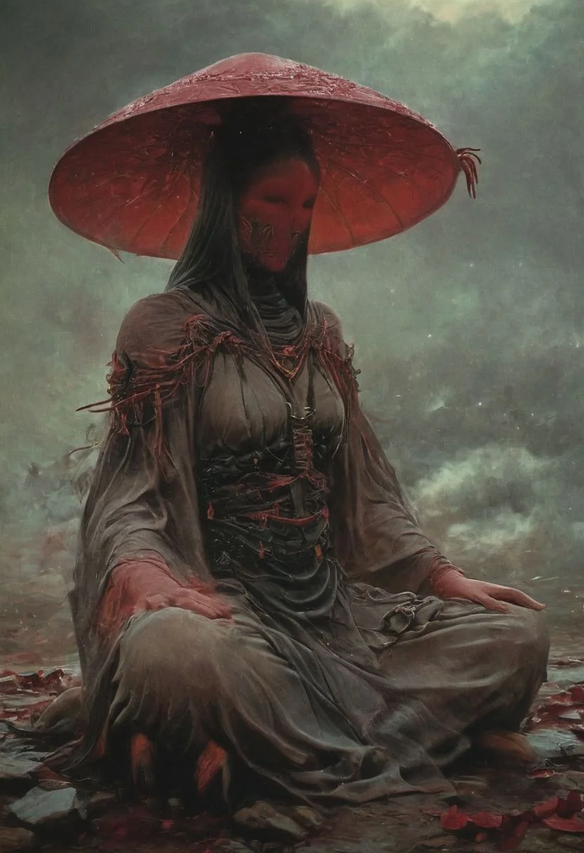 Capturing serenity amidst boundless solitude: a powerful image of a buxom feudal ninja, draped in flowing feudal garb, large sedge-hat, majestic spared open  angelwings  strong bright aura wings,meditating in lotus position upon an endless, , sunless expanse. As she hovers, an aura emanates from her, growing in intensity as it extends beyond her Till it explodes in the far, reminiscent of expanding ripples of sound. The neon hues of her aura paint the air, a vivid testament to her inner strength and focus.
creating a hyperpunk scene with desaturated translucent DARK Red and beige details, colorful (polaroid:0.7) with vibrant colors, (vacations, high resolution:1.3), (small, selective focus, european film:1.2), (sexual advance:1.1), ,end of hopes ,silence, extremely detailed,dark,sad, easynegative, digital artwork by Beksinski, extremely detailed, dark, chiaroscuro, low-key,in the style of Kelly Slater ,style by Kelly Slater,closeup,digital artwork by Beksinski, style of Kelly Slate