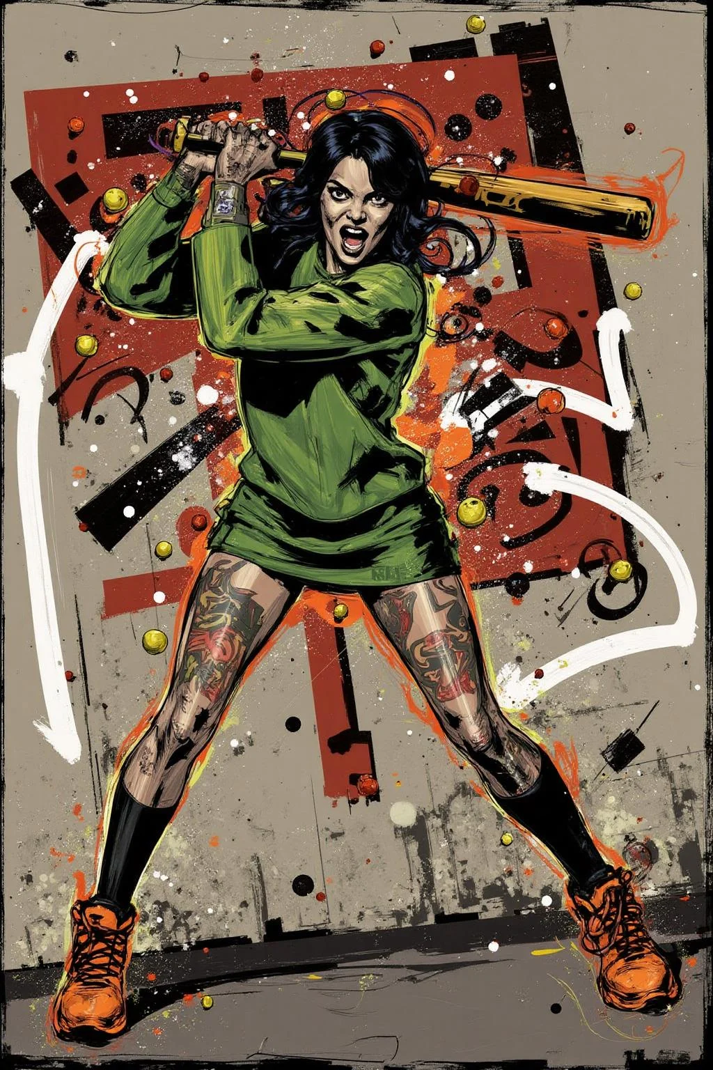 poster illustration.
full body, liquid splash, juicy fruits chaos, dynamic pose, dynamic camera, a fashion shoot of a young woman threateningly holding a baseball bat in her hands, full body tattoo, wearing green short sweater, miniskirt, knee socks, orange sneakers, aggressive facial expression, wall with graffiti in the background, <lora:posterillustration_cap_d8a4e11:1.0><lora:846226226814179117:0>