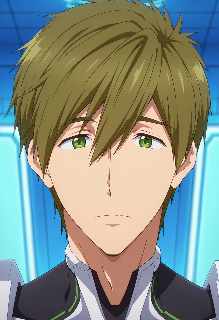 masterpiece, best quality, intricate details, anime screencap, anime coloring, official style, looking at viewer, 1boy, solo, male focus, <lora:makoto_tachibana_ilxl:0.92>, makoto_tachibana, brown hair, green eyes, hair between eyes, tachibana makoto, , robot costume