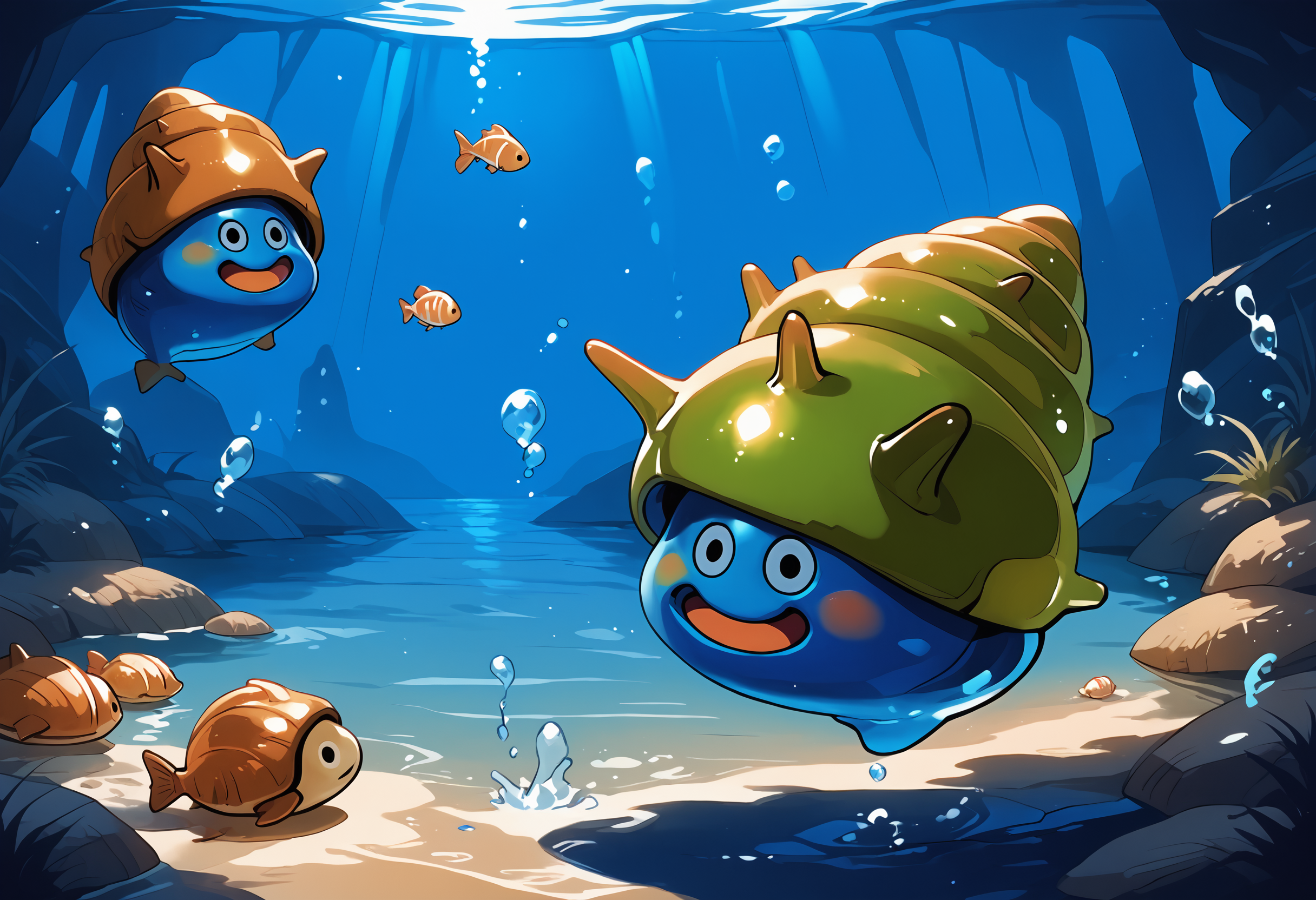 zPDXL3,extreme detailed,full_body BREAK no humans,no_legs,in water,2others,
BREAK tsumurin,:D,slime \(dragon quest\),shell,open mouth,<lora:tsumurin-pony:0.9>,blue skin,diving,air bubble,fish,