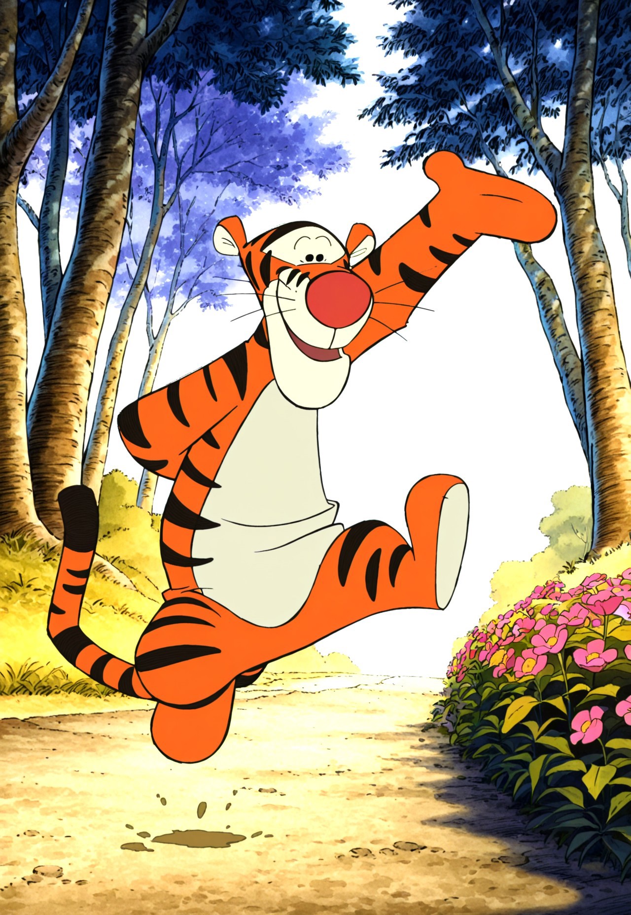 masterpiece, absurdres, highres, (anime screencap:2, anime coloring:2), official art, accurate art style, very aesthetic, flat colors, official screencap, style parody, proper proportions, WinnieThePooh_Character_And_Style, The Tigger Movie, retro artstyle, 2000s \(style)\, BREAK, 1boy, Tigger, tiger stripes, tiger print, whiskers, black eyes, looking at viewer, jumping, smiling, bouncing, happy, BREAK, detailed background, outdoors, forest, trees, dirt path, bushes, flowers, BREAK, full body, cowboy shot, BREAK, vibrant colors, bloom, vignette, cinematic lighting, 75% soft lighting, 25% dark lighting