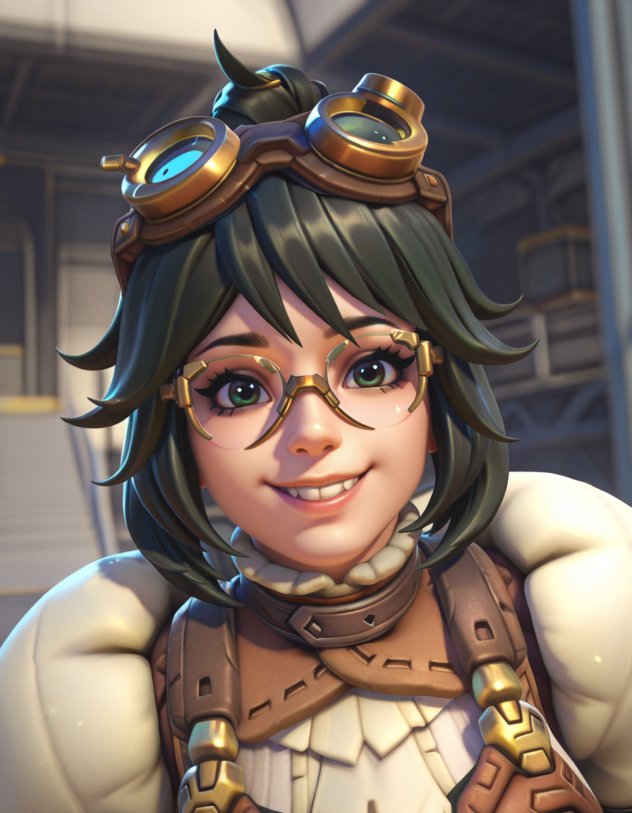 Masterpiece, high-res, 2k, best quality, 2.5d, realistic, ,  1girl, alchemist mei, mei (overwatch), black hair  <lora:mei_alchemist_illus-000043:1> Enchanting Smile: Smile genuinely showing a hint of dimples and let your eyes sparkle with delight. This pose radiates warmth and attractiveness.