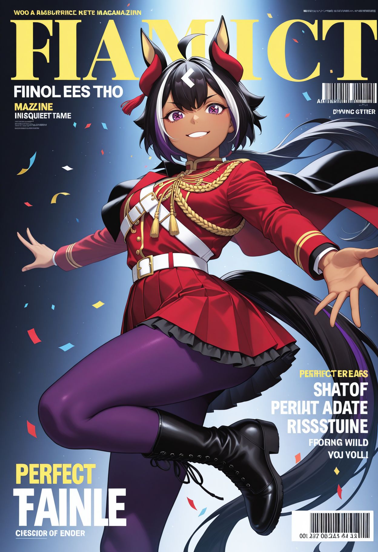 masterpiece,best quality,absurdres,highres,very aesthetic,high quality,detailed,insanely detailed,beautiful,perfect lighting, girl, magazine cover, english text, barcode, solo,
dynamic pose, smile,  confetti, looking at viewer, 
 <lora:Mill Wakaba illu:1> 1girl, dark skin, dark-skinned female animal ears, horse girl, horse tail, cross-shaped pupils, purple eyes, streaked hair, ahoge, multicolored hair, black hair, white hair, low ponytail, long sleeves, red jacket, epaulettes, aiguillette, belt, black cape, red skirt, pleated skirt, black footwear, boots, purple pantyhose,