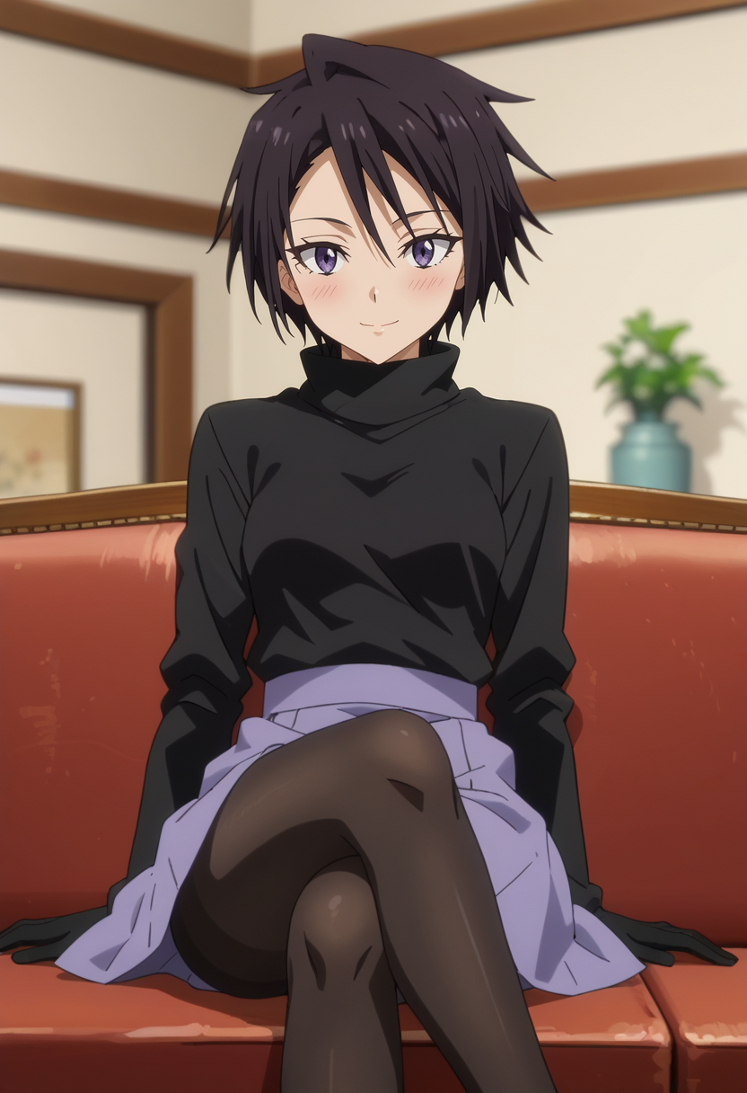 score_7_up, anime screencap,
<lora:TenSura_SakaguchiHinataXL:0.9>, SakaguchiHinata,
1girl, solo, closed mouth, light smile, blush,
short hair, black hair, purple eyes,
 turtleneck shirt, black shirt, black gloves, purple skirt, black pantyhose,
sitting, crossed legs, couch, looking at viewer,
blurry background, indoors,