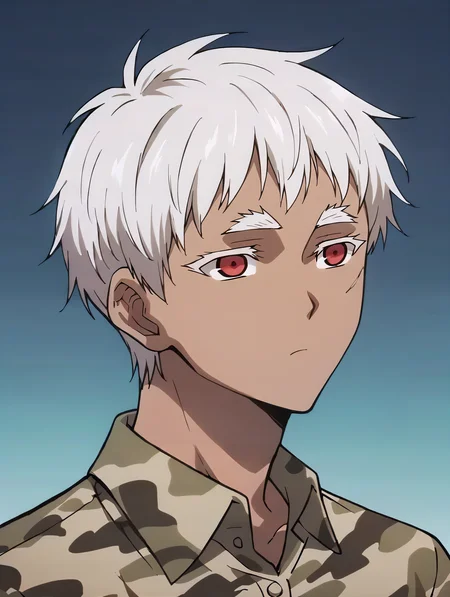 score_9, score_8_up, score_7_up, score_6_up, score_5_up, score_4_up, rating_explicit, BREAK solo, 1boy, jonahjorm, dark skin, red eyes, white hair, short hair, shirt, camouflage, <lora:Jonah_PDXL:1.0>, expressionless