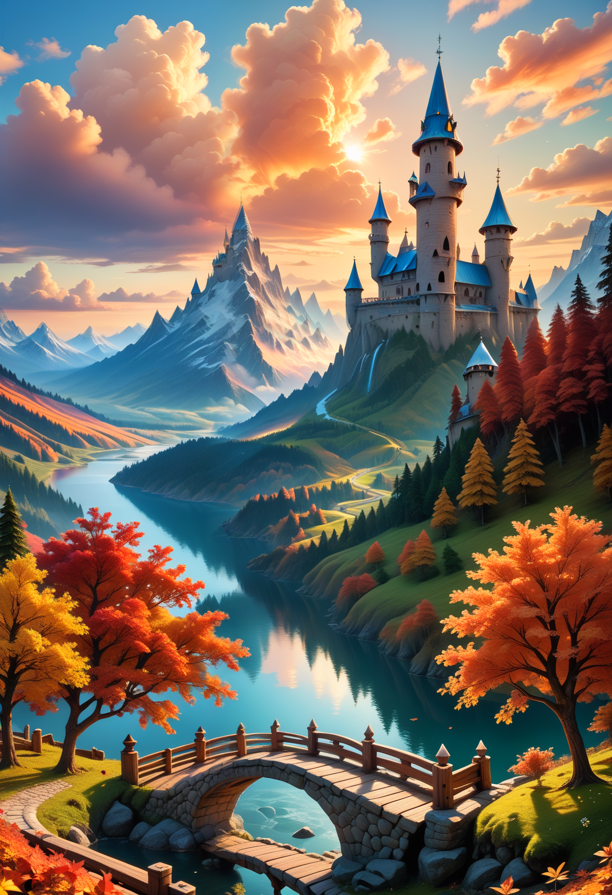 score_9, score_8_up, score_7_up, score_6_up, score_5_up, score_4_up score_9,score_8_up, Fantasy landscape, fairytale castle, medieval architecture, towering spires, turrets, mountain backdrop, snowy peaks, autumn scenery, vibrant fall colors, red foliage trees, blue lake, river stream, wooden bridge, thatched cottages,  dramatic clouds, fiery sunset sky, warm color tones, fairy-tale illustration, whimsical, magical atmosphere
