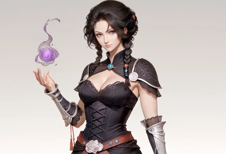 fantasy class, sorcerer, half elf, 22 year old woman, (magic the gathering artwork, by Magali Villeneuve:1.5), pointed ears, (braided hair, long hair, black hair), blue eyes, serious, slight smile, pale skin, elegant dress, black dress, dark purple corset, covered shoulders, bare arms, elbow gloves, lace gloves, black gloves, tall boots, full body visible, shrug clothing, adventuring outfit, pants, belt around hips, vambraces with metal studs