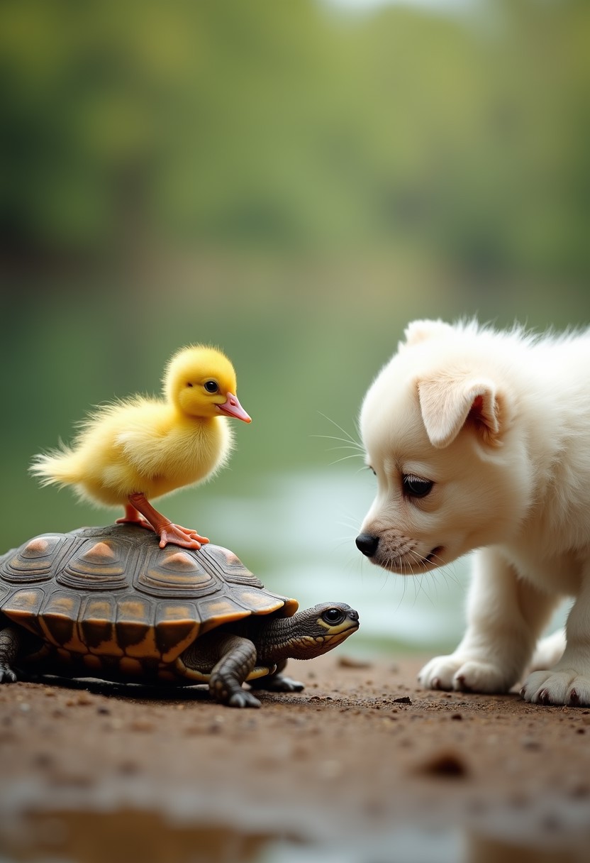 (A tiny yellow duckling) confidently steps on a (turtle's shell), while a (curious white puppy) watches them intently. The duckling's tiny webbed feet lightly press against the turtle's rough surface, and the puppy’s wide-eyed gaze captures the playful curiosity of childhood. (The scene is set by a peaceful riverside), with a blurred backdrop of soft greenery that enhances the feeling of carefree play. [This trio embodies the innocence and joy of young friends exploring the world together], like children delighting in simple, unspoken games.
