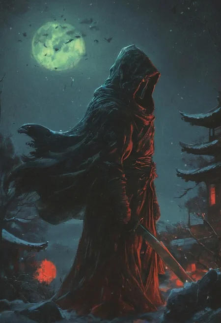 satan monks ronin army ,hundreds, india architecture, strong bright , The neon hues of her aura paint the air, a vivid testament to her inner strength and focus. distant shot, An intense action scene a beautiful japan ninja girl wearing a hooded cloak and mask, dark crow standing on her shoulder, 6crow, snow at night, dark lighting, horror, carrying a katana, sad, cobblestone path with winter and snow, japan vilage, hyper detailed comprobo weapon, holding sword, battoujutsu, battoujutsu stance, ready to draw, sheathed, unsheathing, scabbard, fighting stance, extremely intricate detail character, accurate depiction of character, correct body anatomy, correct hands and fingers, extremely intricate skin and facial texture detail, design, extreme dynamic pose, sfw, sharp background detail, wide shot, intimidating retro 90's, red, black, science fiction, a dark sky lit by the glow of distant moons and neon lights. rockpunk, yoji shinkawa, James Jean, Ayami Kojima, village. colorful (polaroid:0.7) with vibrant colors, (vacations, high resolution:1.3), (small, selective focus, european film:1.2), (sexual advance:1.1), ,end of hopes ,silence, extremely detailed,dark,sad, easy negative, digital artwork by Beksinski, extremely detailed, dark, chiaroscuro, low-key,in the style of Kelly Slater ,style by Kelly Slater,closeup,digital artwork by Beksinski, style of Kelly Slate, human in red robe with cloacked face but the withs of a lacewing bug