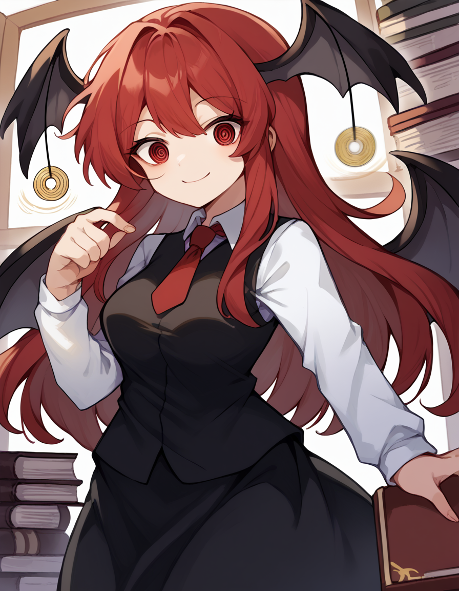 score_9, score_8_up, score_7_up, source_anime, <lora:koakuma-ponyxl-lora-nochekaiser:1>, koakuma, red eyes, red hair, long hair, sidelocks, medium breasts,, bat wings, black dress, black pantyhose, black skirt, black vest, dress, head wings, long sleeves, multiple wings, necktie, pantyhose, red necktie, shirt, skirt, vest, white shirt, wings,, bookstore, browsing shelves, new book smell, finding a favorite, quiet atmosphere, smile, <lora:pendulum-ponyxl-lora-nochekaiser:1>, pendulum, holed coin, coin on string, hypnosis, mind control, coin, @ @,, looking at viewer, solo,, dutch angle, cowboy shot