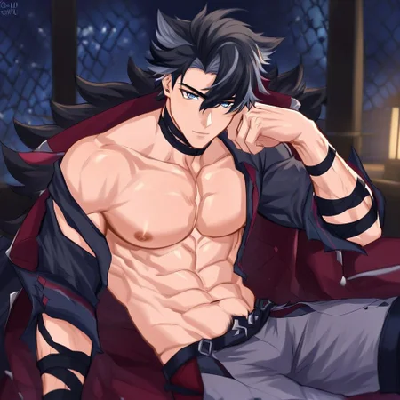 muscular, pectorals, 1boy, blue eyes, abs, sitting down, night, (((solo))), multicolored hair, black hair, gray hair, clothed