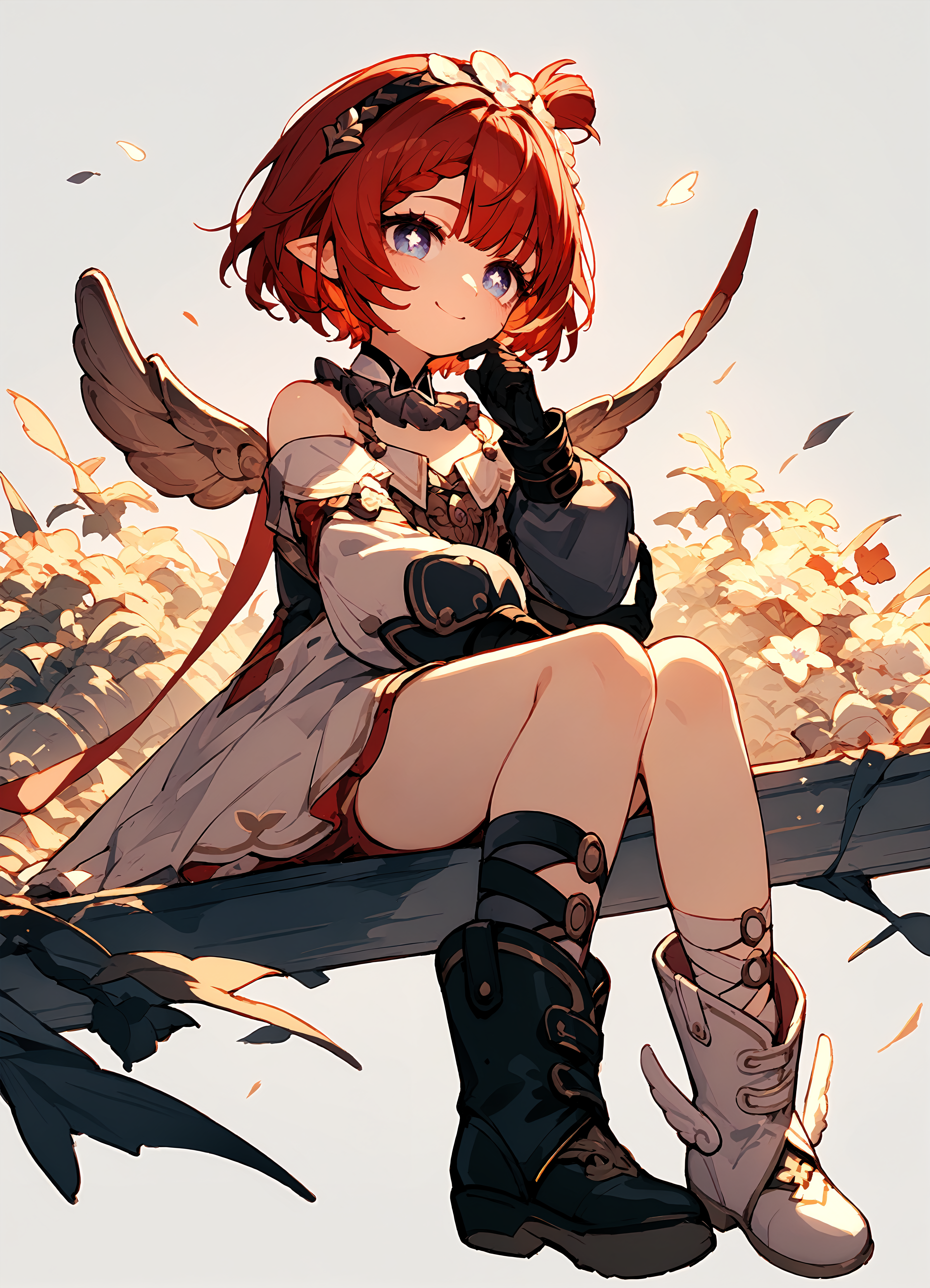 (score_9, score_8_up, score_7_up), 1girl, wings, detached collar, puffy long sleeves, black gloves, black and white boots, sitting, smile, simple background, <lora:tribbie-hsrPO-v1:0.9>
