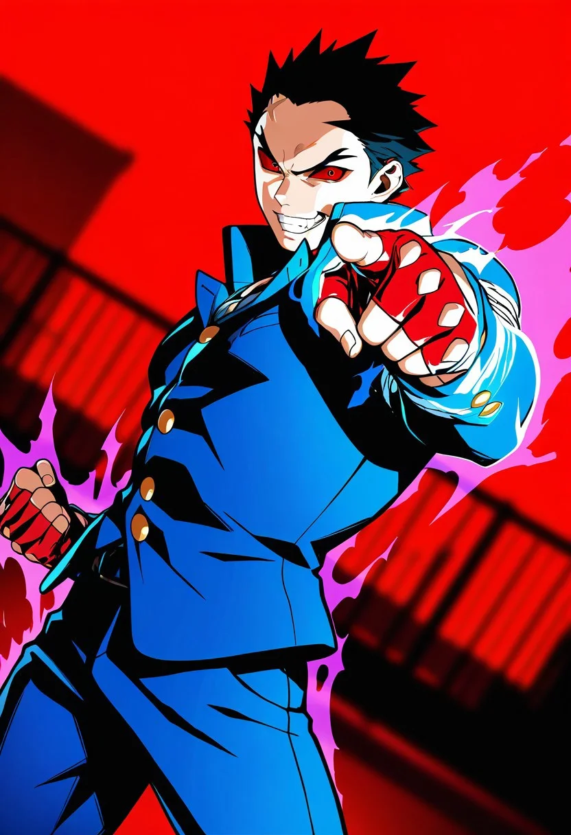 masterpiece, best quality, newest, absurdres, highres, very awa, 1boy, male, male focus, ichimonji batsu, fingerless gloves, red gloves, school uniform, blue jacket, blue pants, pointing at viewer, aura, closed fist, muscular male, official art, cowboy shot, dutch angle, blurry background, rooftop, thumb down, teeth, fang, evil grin, v-shaped eyebrows, standing, red sclera eyes, evil face, red background