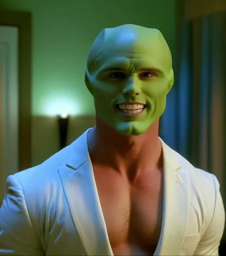 an extremely sexy muscular bald handsome attractive man with a sexy (((green head))), a sexy green model face, a sexy strong jawline, sexy wide shoulders, sexy handsome detailed bright eyes and huge beautiful white teeth in a room a night, highly detailed, best quality <lora:1990's The Mask 1994 style xl v1:1.5> 1990's
solo, looking at viewer, smile, grin, high budget,  cinemascope, moody, epic, gorgeous