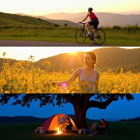 [MOVIE-SHOTS] In the open countryside, [SCENE-1] a lone cyclist pedals along a winding road at dawn, mist rolling over emerald green hills in the distance, [SCENE-2] pausing beside a golden field of wildflowers in full bloom, her hands brushing gently against the petals as the sunlight bathes her in a warm glow, [SCENE-3] ending with her setting up camp under a sprawling oak tree, a crackling fire reflecting off the cool blues of the encroaching night.
, flat chest