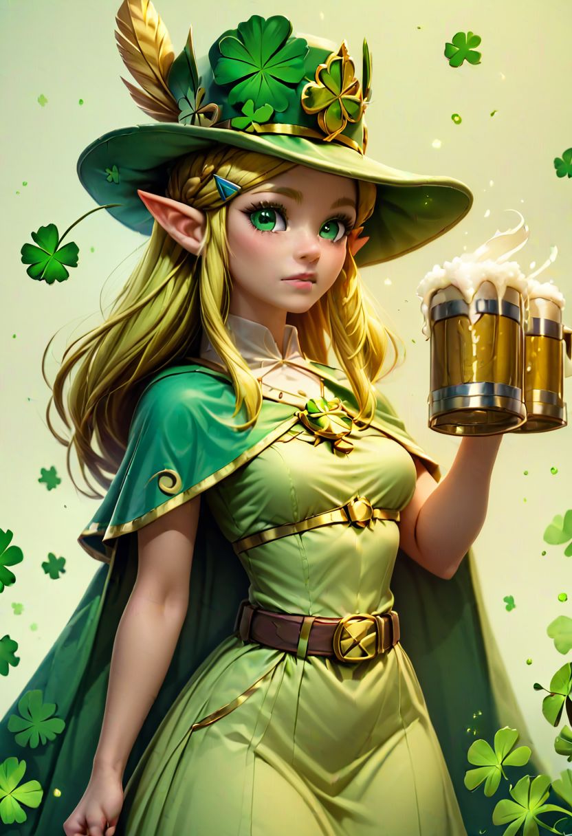 score_9, score_8_up, score_8, medium breasts, (ultra realistic,32k, masterpiece:1.2),(high detailed skin:1.1),( high quality:1.1), (curvy),
princess zelda, long hair, hairclip, pointy ears, green eyes,
ShamrockWorld, clover, four-leaf clover, light particles, solo, simple background, hat, white background, holding, belt, cup, no humans, animal, holding cup, alcohol, mug, green headwear, hat feather, animal focus, beer, beer mug, clover, four-leaf clover, green cape, green capelet,