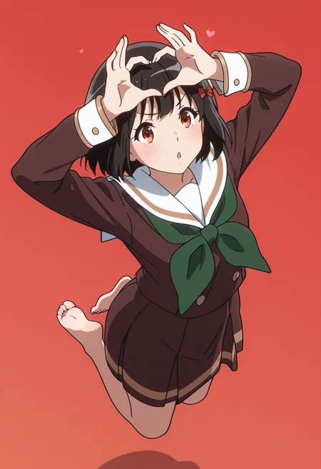 very awa, masterpiece, best quality, year 2024, newest, highres, absurdres,
red background, gradient background, very aesthetic, detailed background, full body,
1girl, solo,
<lora:Kanade_epoch_8:1> hkanade, black hair, hair bow, red bow, red eye, kitauji high school uniform, green bowtie, brown school uniform, detailed face, white sailor collar,
,<lora:anatomy_helper:1>, jumping, barefoot, from above, <lora:lora-add:0.5> toes, nailtoes, heart hands