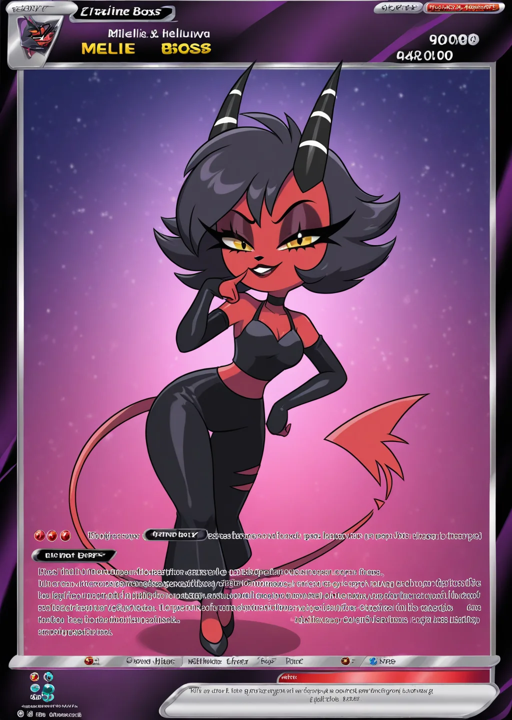 masterpiece, high quality, BREAK, full body, 1girl, <lora:Pokemon_Card_Template_Concept_Illustrious:0.8> pokecards, pokemon cards, colored border, trading card, text, <lora:Millie_Helluva_Boss_Illustrious:0.5> millie_helluva_boss, horns, tail, red skin, yellow schlara, long eyelashes,