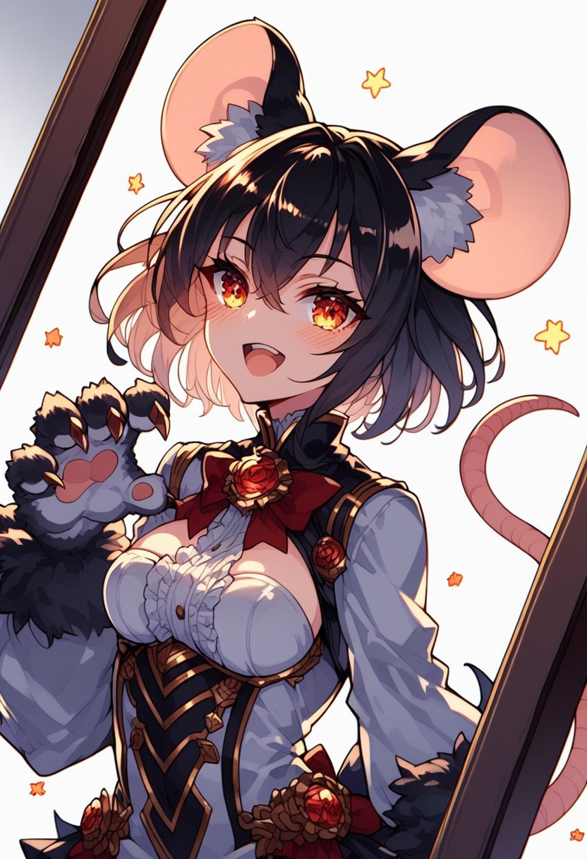 source_anime, detailed eyes, dynamic angle, dynamic pose, random emotion,
expressiveh,
detail backround, 
BREAK 
sharp style, dim lighting, dynamic angle, sunset_light,
random pose, random emotion, side view, side angle, mirror, upper body,
 BREAK
(Masterpiece), (expressive eyes), 1girl, eyes wide open,
Giant mouse, animal arms, animal legs, thighhigh fur, mouse ears, prehensile tail,
(score_9, score_8_up, score_7_up),
<lora:MGE_V5.0:1.2>
BREAK
detailed eyes,