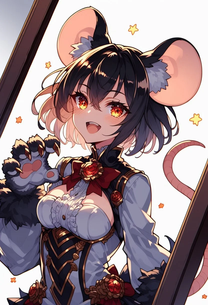 source_anime, detailed eyes, dynamic angle, dynamic pose, random emotion,
expressiveh,
detail backround, 
BREAK 
sharp style, dim lighting, dynamic angle, sunset_light,
random pose, random emotion, side view, side angle, mirror, upper body,
 BREAK
(Masterpiece), (expressive eyes), 1girl, eyes wide open,
Giant mouse, animal arms, animal legs, thighhigh fur, mouse ears, prehensile tail,
(score_9, score_8_up, score_7_up),
<lora:MGE_V5.0:1.2>
BREAK
detailed eyes,