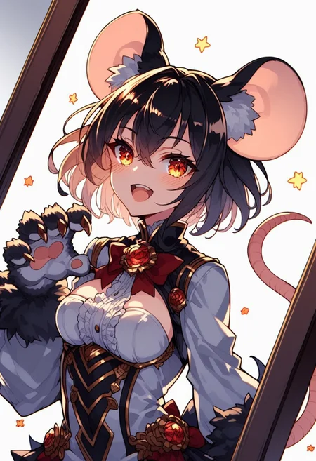 source_anime, detailed eyes, dynamic angle, dynamic pose, random emotion,
expressiveh,
detail backround,
BREAK
sharp style, dim lighting, dynamic angle, sunset_light,
random pose, random emotion, side view, side angle, mirror, upper body,
BREAK
(Masterpiece), (expressive eyes), 1girl, eyes wide open,
Giant mouse, animal arms, animal legs, thighhigh fur, mouse ears, prehensile tail,
(score_9, score_8_up, score_7_up),
<lora:MGE_V5.0:1.2>
BREAK
detailed eyes,