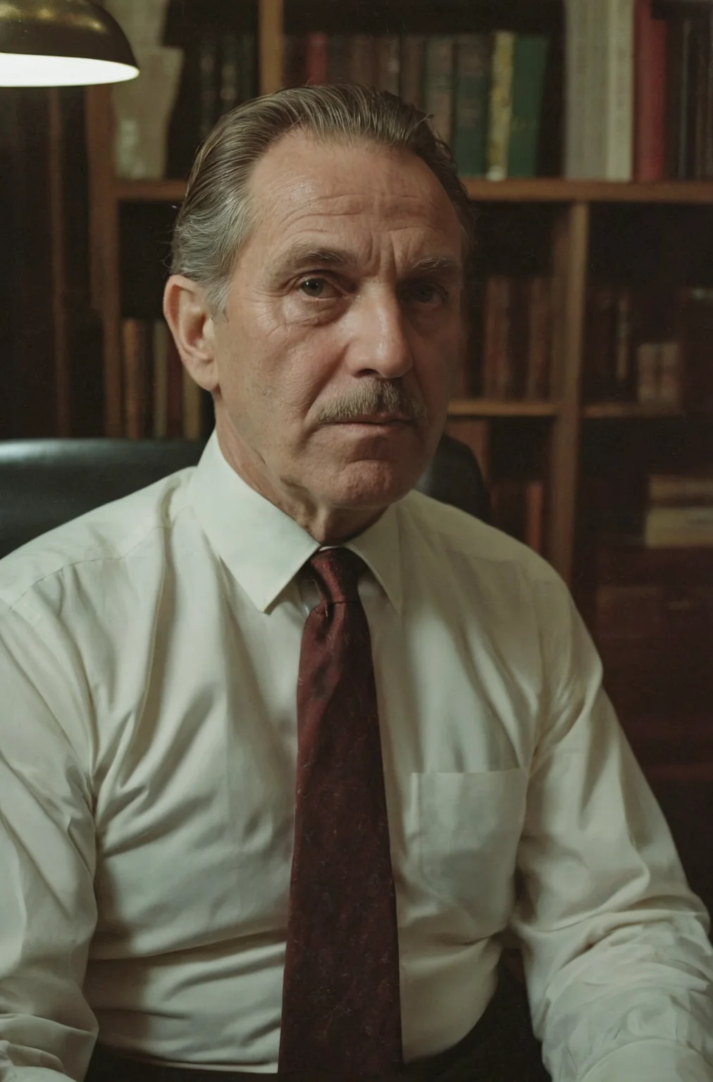 RAW Photo, an old detective, he is at the end of his career, seen many gruesome things, there is still one unsolved case on his mind, he's a true detective, troubled past, he is sitting in his office, Lovecraftian vibe, hyperdetailed photo, hard light, Kodak Ektar 100, rich emotive colors, DSLR, sharp and crisp details
