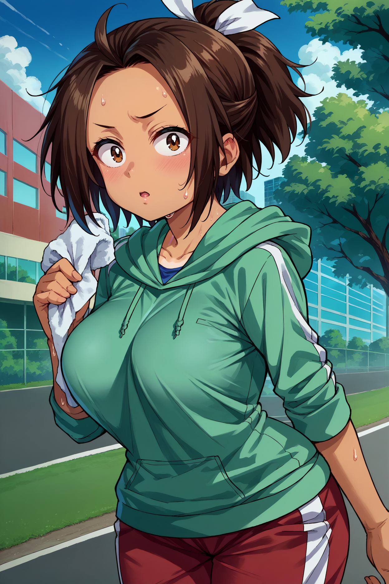 score_9, score_8_up, score_7_up, score_6_up, source_anime, 1girl, solo  <lora:hikarihazakura-pdxl-nvwls-v1-000006:1> hazakura, brown hair, short ponytail, short hair, brown eyes, tan, hair ribbon, green hoodie, track pants, red pants, large breasts, sweat, sleeves rolled up, wiping brow, looking at you, chestnut mouth, blush, blue sky, city, trees