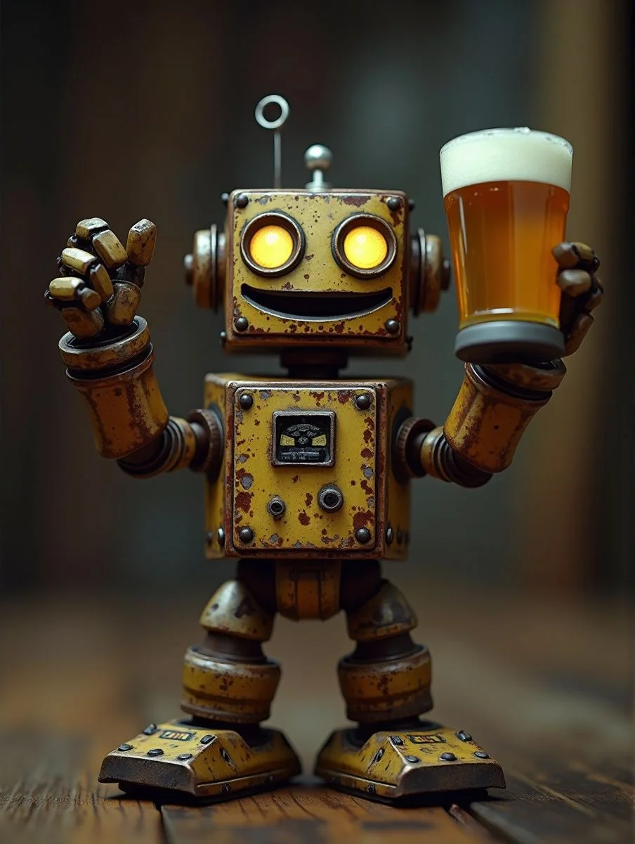 Raw photo, 8k uhd, dslr, , little rusty robot with raised hands enjoys a beer, big smile. soft lighting, high quality, film grain, Fujifilm XT3,dark, intricate details, sharp, (skin texture:1.1).