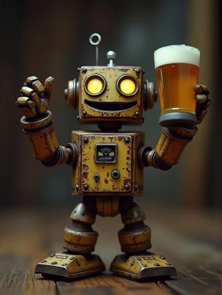 Raw photo, 8k uhd, dslr, , little rusty robot with raised hands enjoys a beer, big smile. soft lighting, high quality, film grain, Fujifilm XT3,dark, intricate details, sharp, (skin texture:1.1).