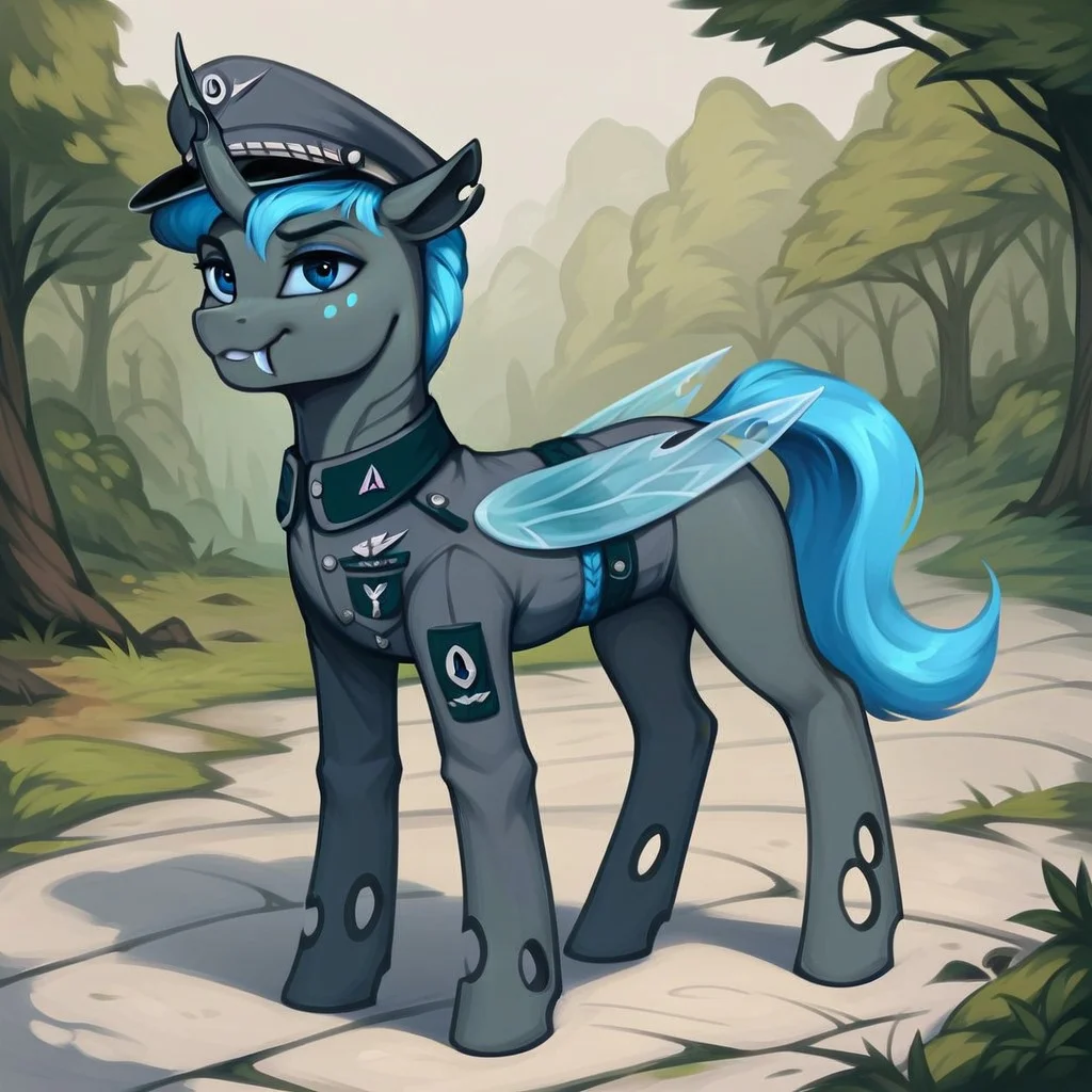 masterpiece, score_9_up, score_8_up, score_7_up, score_6_up, (best quality:1.1), ultra-detailed, high resolution, solo, Carolina Phymata, changeling oc, female, mlp, feral, gray skin, short blue mane, blue eyes, eyebrows, blue freckles, blue insect wings, tail, single horn, smirk, fang out, ears, military uniform, military patches, peaked cap, detailed facial features, full body, expressiveh, highly visible, sharp focus, anatomically correct, detailed background, outside, outdoors, forest in the background