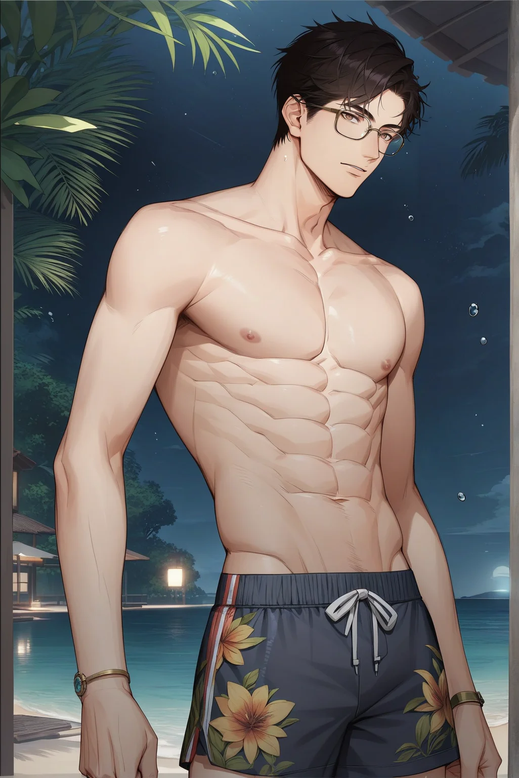 score_9,score_8_up,score_7_up,source_anime,lu_chen,evan(light_and_night),1boy,male focus,male swimwear,swim trunks,solo,abs,topless male,glasses,,,<lora:EvanLuchenLight_and_Night:0.8>,<lora:LineArt Mono Style LoRA_Pony XL v6:0.7>
