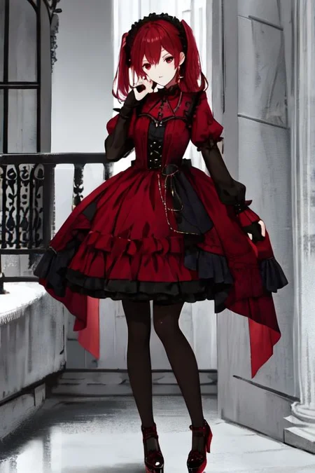 crimson_color dress, embroidery, jewelery, gown, frills, gloves/elbow gloves, high heels/shoes, pantyhose/thighhighs