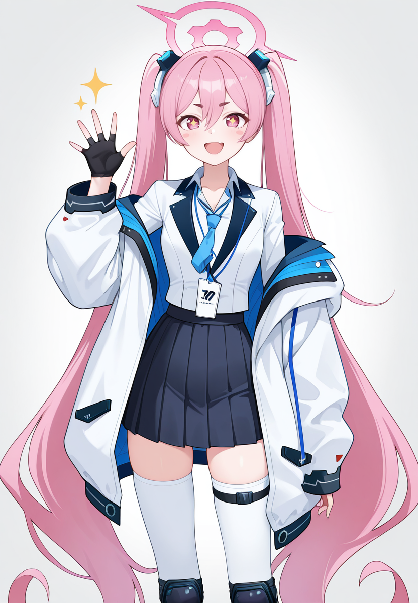 zPDXL3, score_9_up, score_8_up, score_7_up, ,Masterpiece,(perfect female body:1.2), small waist, (incredibly detailed:1.4), beautiful fingers, looking at viewer,  <lora:Kurosaki_Koyuki_-_Blue_Archive_Kaleid_Illustrious:1>kurosakikoyuki_\(arknights\), 1girl, pink hair, very long hair, twintails, pink eyes, sparkling eyes, halo, thighhighs, white thighhighs, white jacket, pleated skirt, shirt, open jacket, necktie, gloves, blazer, aqua necktie, knee pads, id card, collared shirt, facing viewer,