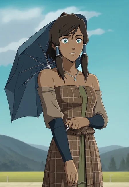 NDAA Style, Korra, hair tubes, 1girl, plaid clothes, plaid dress, brown dress, green dress, strapless dress, umbrella