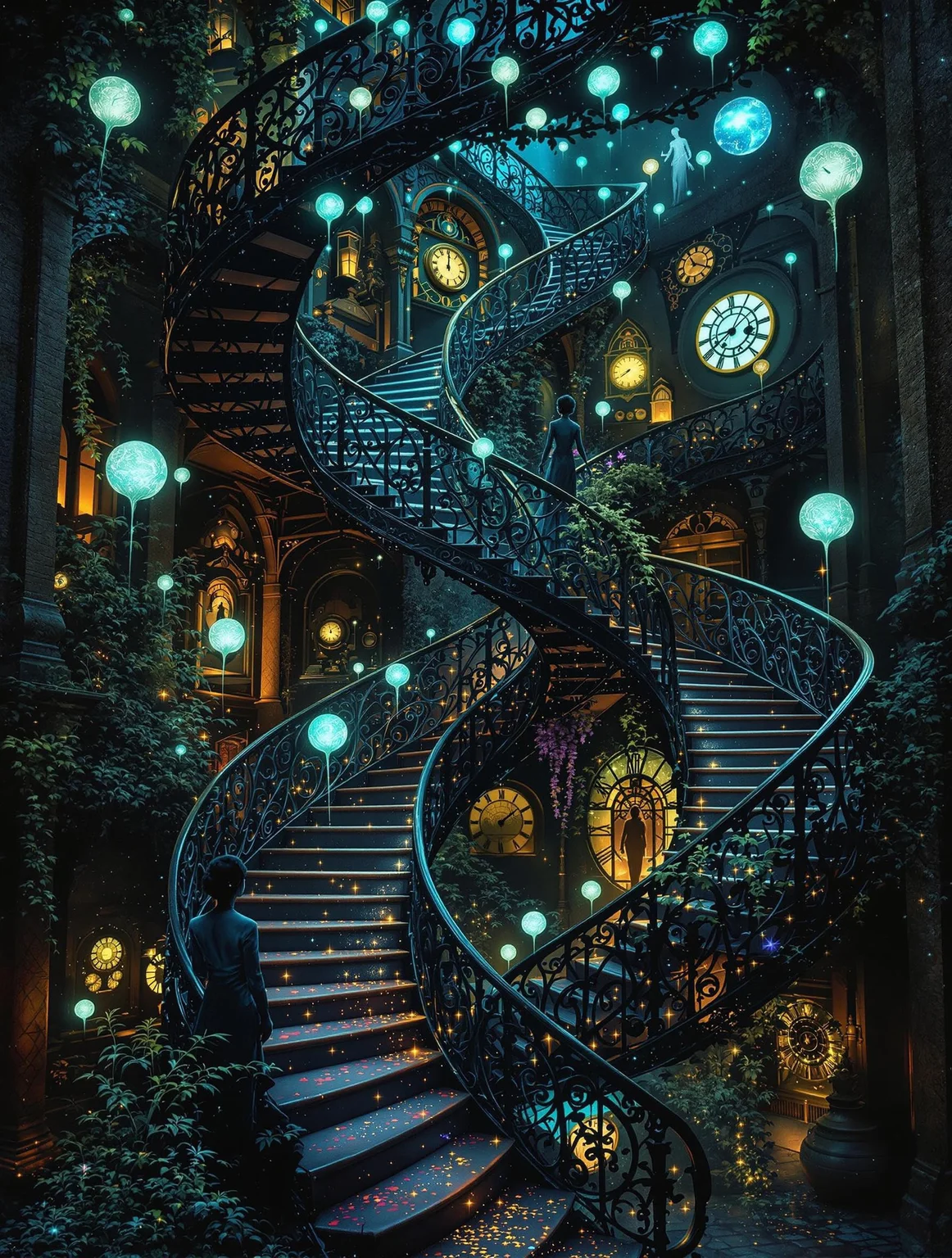 A Victorian wrought-iron staircase photographed at night, where multiple levels fold into each other like an Escher drawing, illuminated by floating orbs of bioluminescent fungi that pulse with ethereal blue-green light. The metalwork melts like Dalí's clocks, casting impossible shadows that move in wrong directions, while ghostly Victorian figures rendered in negative space ascend and descend simultaneously across different planes. The ornate ironwork morphs into living vines and mechanical clockwork, each element gleaming with distinct phosphorescence - copper parts emit amber light, living elements shimmer violet, all against a backdrop where tears in space-time reveal glimpses of distant nebulae and floating timepieces that emit cold, stellar light