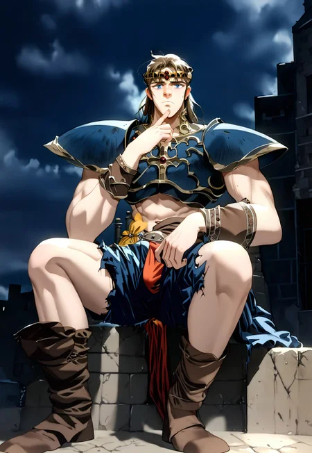 score_9, score_8_up, score_7_up, score_6_up, score_5_up, score_4_up, 1boy, male focus, muscular, (full body view:2), night, dark clouds, confused expression, sitting, hand on knee, (dungeon:2), simon belmont, simonbel, blue leather armor, jeweled headband, stylized blue breastplate, silver accents, black leather shorts, stylized loincloth, single pauldron, metal wristband, shoulder length brown hair, leather tassets, black boots