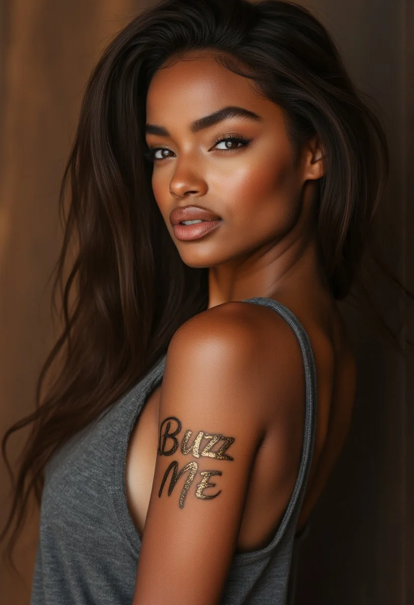 FictionalAbby with a tattoo "Buzz Me" in gleaming golden ink on her arm