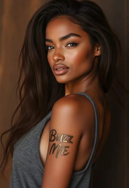 FictionalAbby with a tattoo "Buzz Me" in gleaming golden ink on her arm