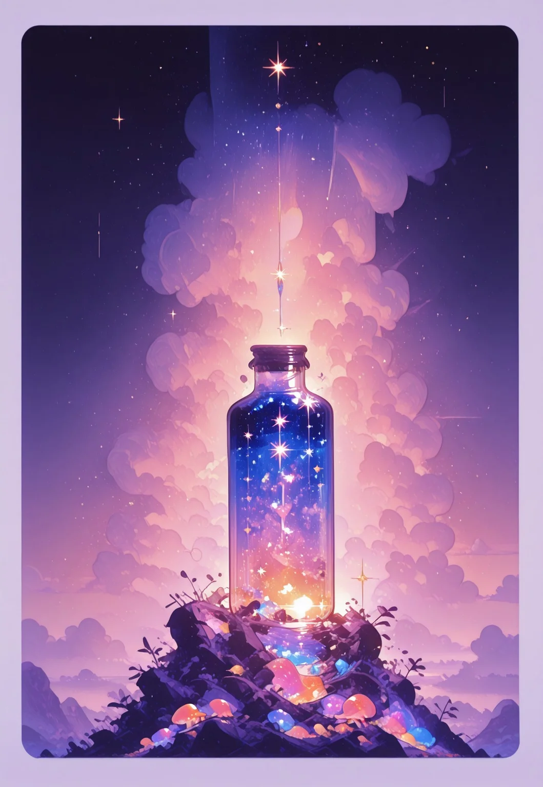 masterpiece, best quality,
midnight sky, majestic milky way covering sky,
galaxy in bottle, bottle full of stars, many fungus in background, colorful corals in background, ruins in background,
BREAK
(simple background, simple gradient pastel lapis lazuli background with thick white border), sunset, symmetric clouds,
fl4t, flatline, vector style,
momosp, Bright_illu,sparkle,too many light particles,