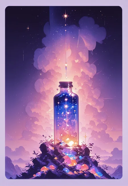 masterpiece, best quality,
midnight sky, majestic milky way covering sky,
galaxy in bottle, bottle full of stars,  many fungus in background, colorful corals in background, ruins in background, 
BREAK
(simple background, simple gradient pastel lapis lazuli   background with thick white border), sunset, symmetric clouds,
fl4t, flatline, vector style,
momosp, Bright_illu,sparkle,too many light particles,