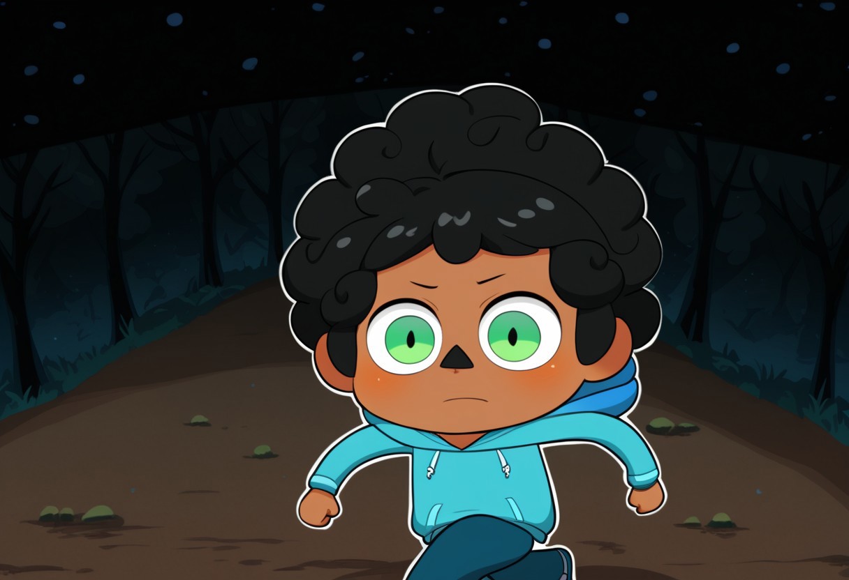 max (camp camp), cartoon theme, max (camp camp), 1boy, solo, human, male focus, curly black hair, curly tousled black hair, afro, dark skin, dark-skinned male,  large eyes, round eyes, green eyes,small nose, triangular nose, pointed nose, anoyed face, running,  blue hood, blue pants, small body, young boy, chibi, dark forest, night