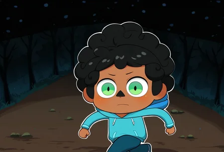 max (camp camp), cartoon theme, max (camp camp), 1boy, solo, human, male focus, curly black hair, curly tousled black hair, afro, dark skin, dark-skinned male, large eyes, round eyes, green eyes,small nose, triangular nose, pointed nose, anoyed face, running, blue hood, blue pants, small body, young boy, chibi, dark forest, night