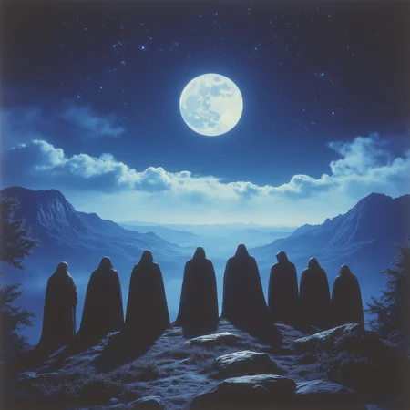 ArsMovieStill, 80s Fantasy Movie Still, The image is a digital illustration of a group of people standing on a hilltop overlooking a vast landscape. The sky is filled with stars and a full moon and the horizon is visible in the distance. The people are wearing long black robes and are standing in a line facing away from the viewer. The landscape below them is a mountainous range with trees and shrubs scattered throughout. The overall mood of the image is dark and mysterious., scenery, sky, moon, star (sky), outdoors, night, starry sky, cloud, mountain, cloak