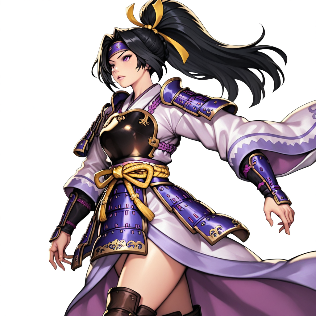long hair, black hair,yellow ribbon, ponytail,white and purple kimono,japanese clothes, japanese armor, breastplate, longsleeves,white and purple,high-low skirt,golden ornate belt, leather boots, dynamic pose, cowboy shot, simple background