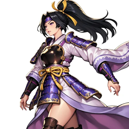 long hair, black hair,yellow ribbon, ponytail,white and purple kimono,japanese clothes, japanese armor, breastplate, longsleeves,white and purple,high-low skirt,golden ornate belt, leather boots, dynamic pose, cowboy shot, simple background